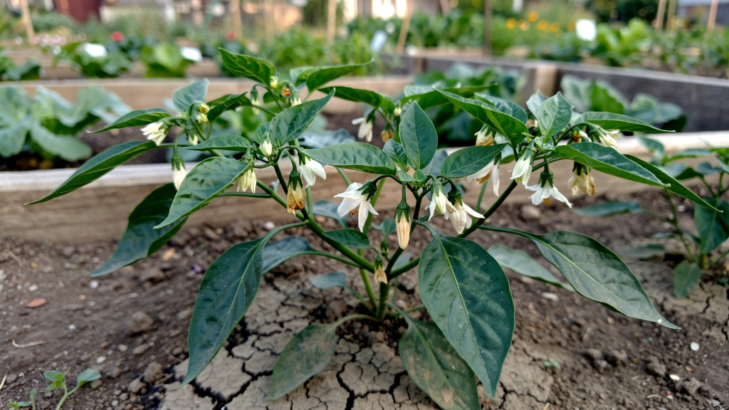 Иллюстрация: Куст перца с цветами но без плодов в теплице