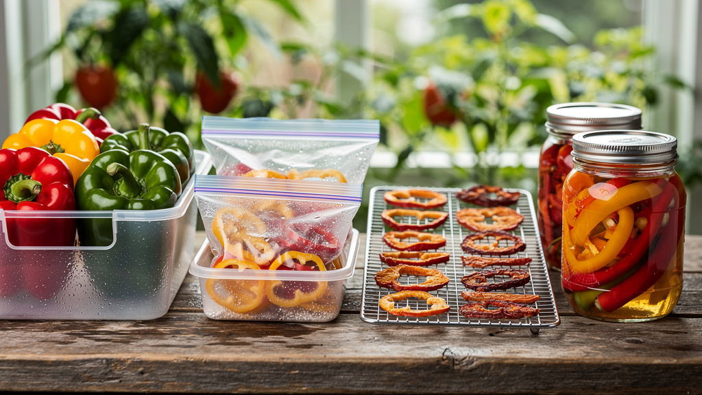 Иллюстрация: Хранение перца зимой — ящики с красным и жёлтым болгарским перцем в подвале