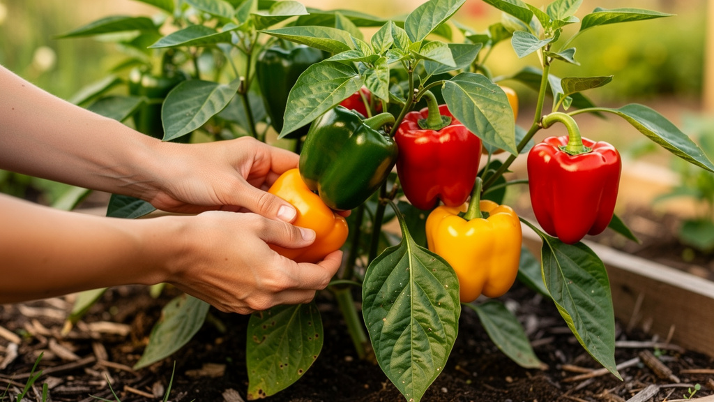 Иллюстрация: Сбор урожая перца, рука с секатором у зрелого куста