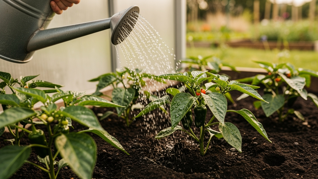 Иллюстрация: Полив перца тёплой водой под корень в саду